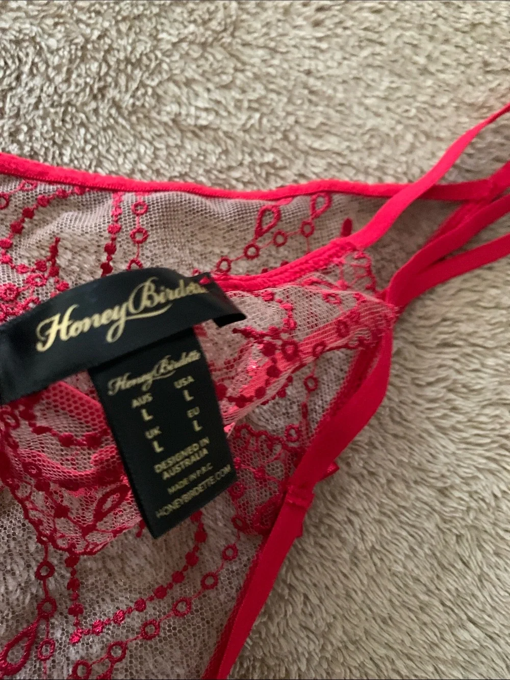 Honey Birdette “Adora” Heart-Embroidered Red Lace Bra, Garter & Thong Set
